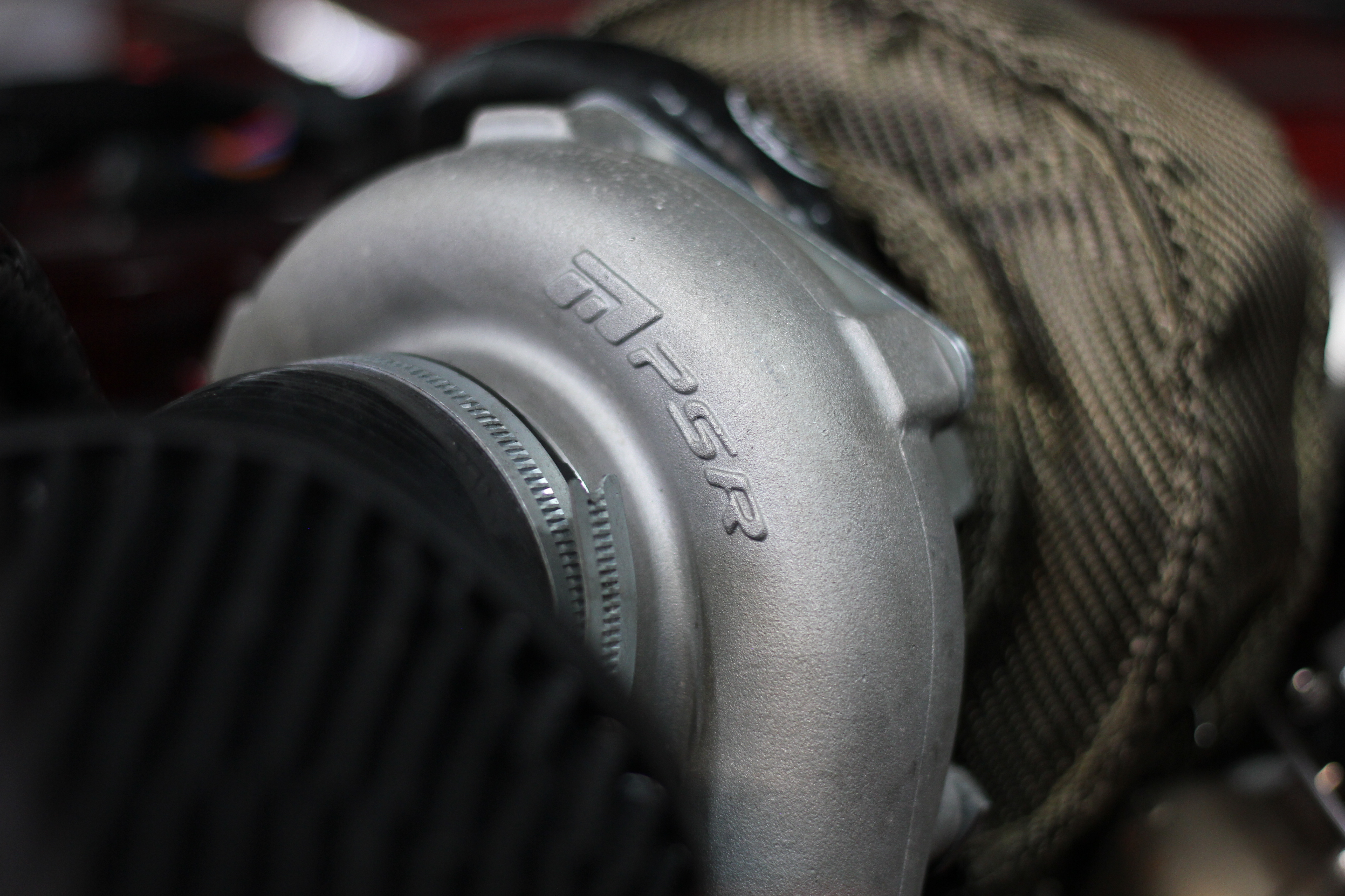 Close up of the turbo blanket fitted on Tom's MX-5 turbo setup